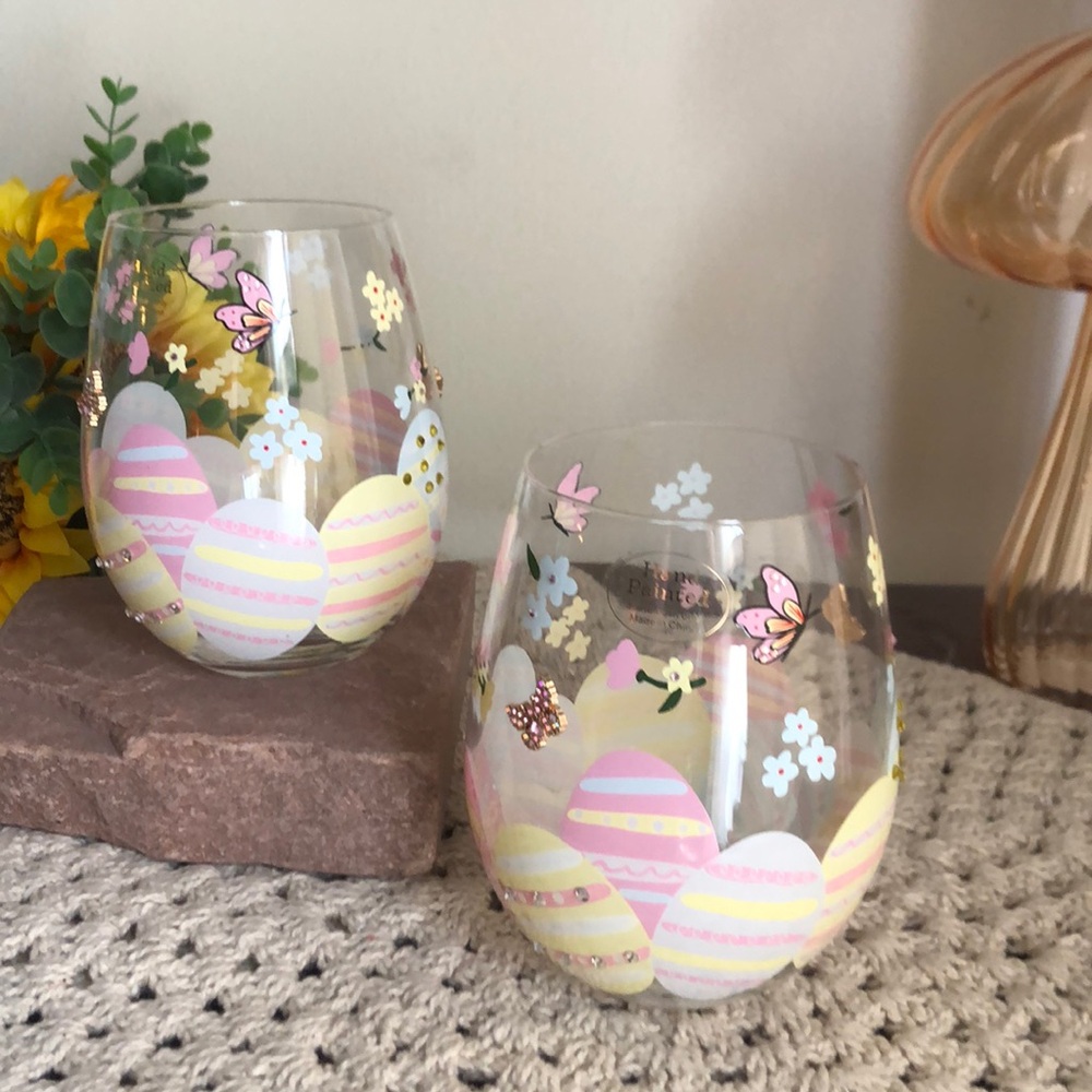 Hand Painted EASTER Eggs Spring Flowers Stemless Wine Glasses